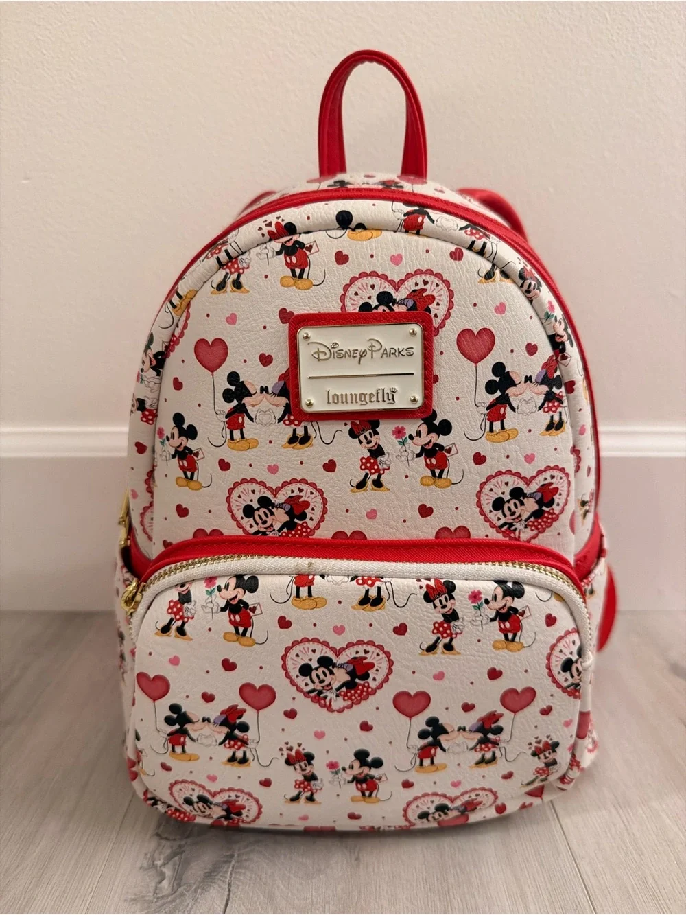 Loungefly White & Red Disney Mickey & Minnie Heart Kids Mini Backpack